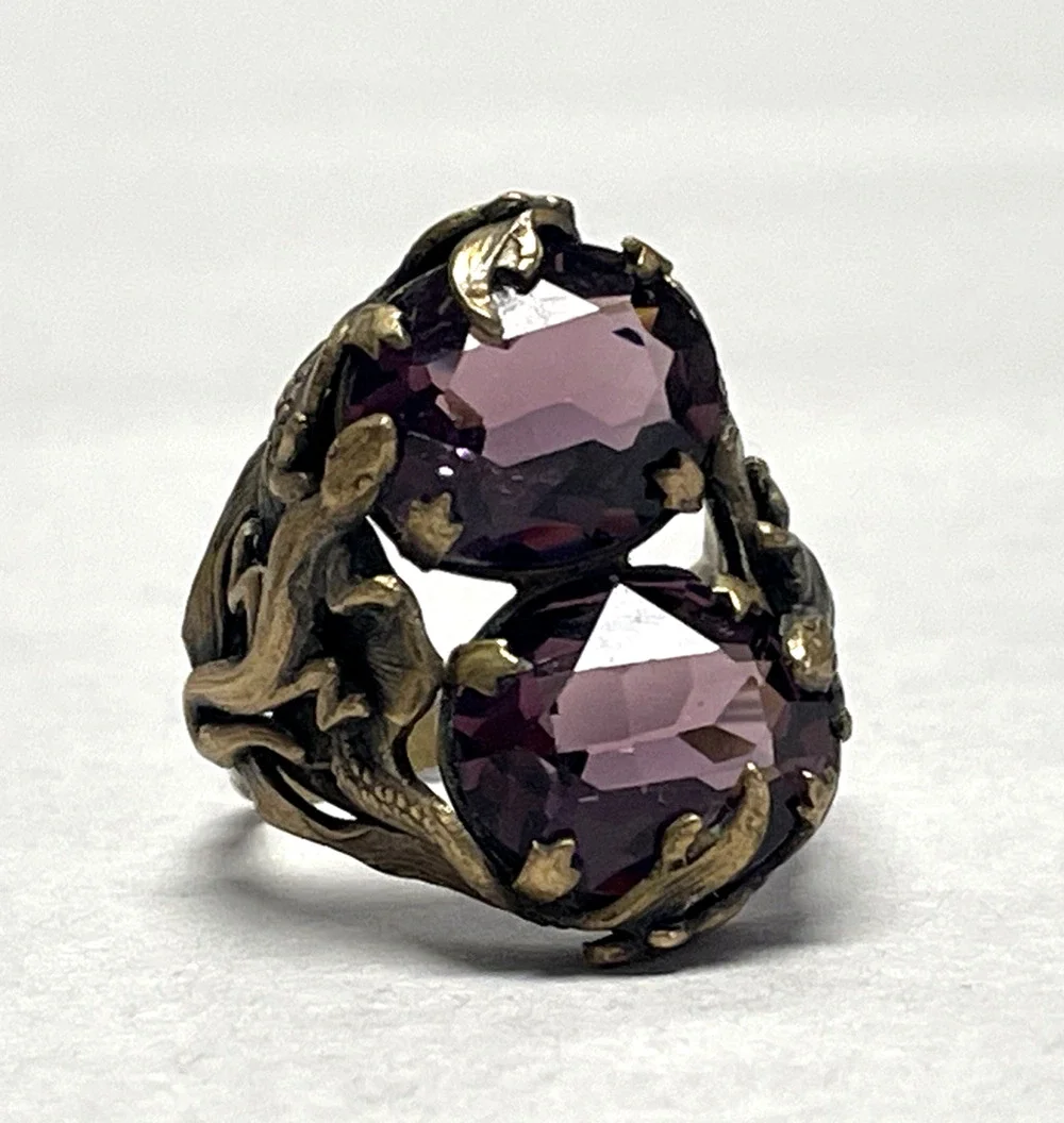 OOAK Vintage Dragon Lizard Adjustable Ring Bronze Purple Faceted Glass Size 6.5